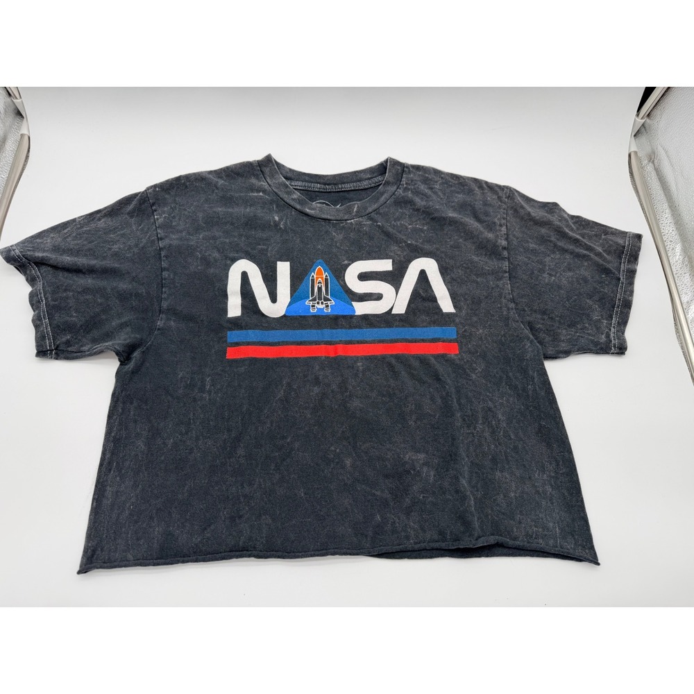 NASA Space Shuttle Graphic Crop Top T-Shirt Acid Wash Gray Small Space Themed